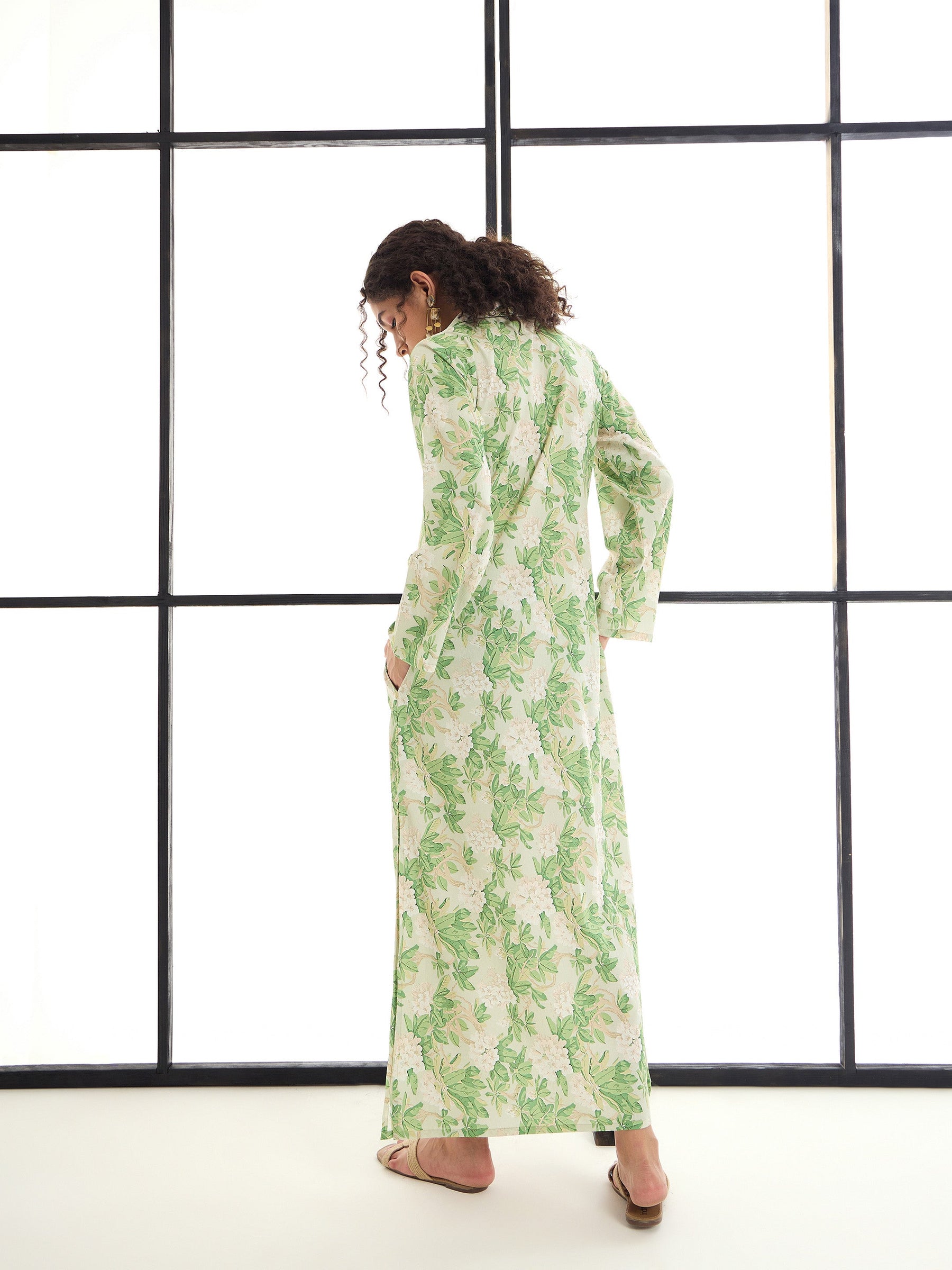 Green & Beige Floral Abaya Dress-SASSAFRAS alt-laze