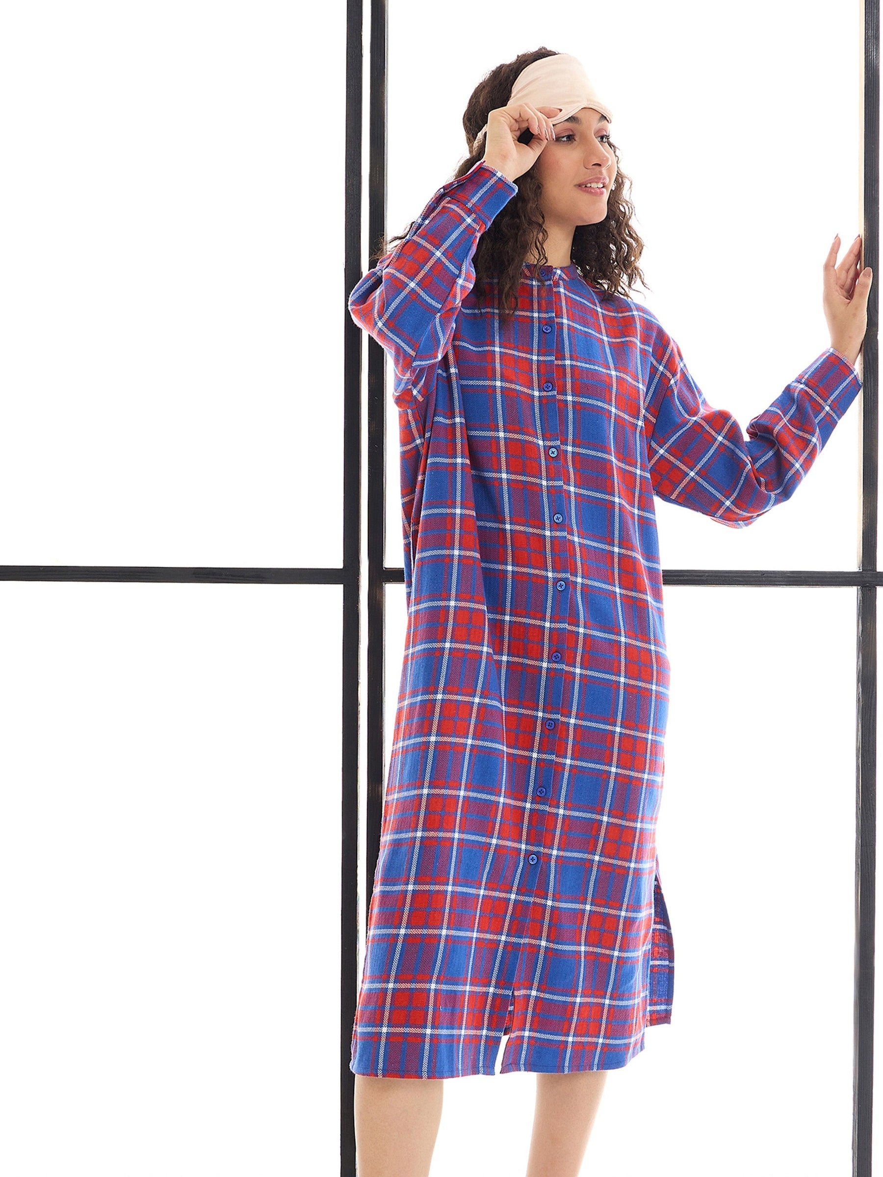 Red & Blue Check Mandarin Collar Longline Shirt Dress-SASSAFRAS alt-laze