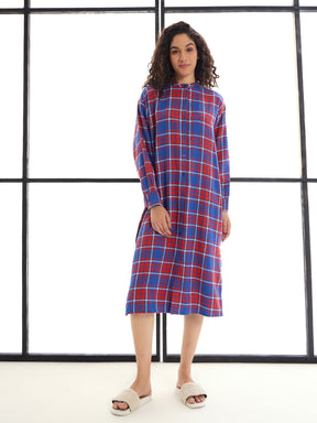 Red & Blue Check Mandarin Collar Longline Shirt Dress-SASSAFRAS alt-laze