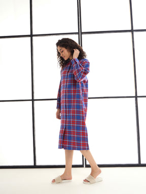 Red & Blue Check Mandarin Collar Longline Shirt Dress-SASSAFRAS alt-laze