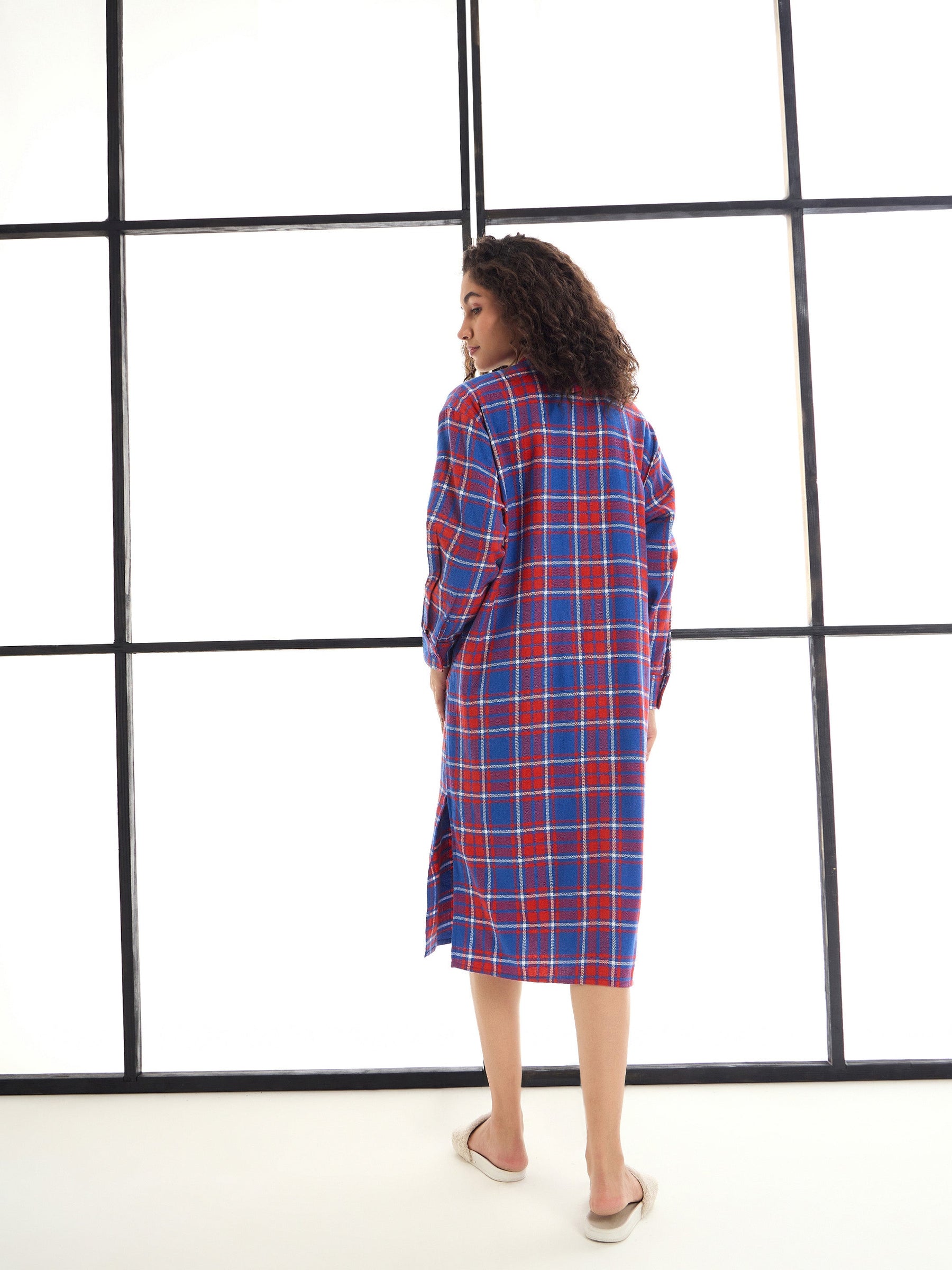 Red & Blue Check Mandarin Collar Longline Shirt Dress-SASSAFRAS alt-laze