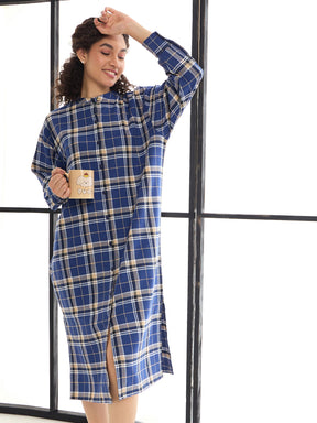 Blue & Beige Check Mandarin Collar Longline Shirt Dress-SASSAFRAS alt-laze