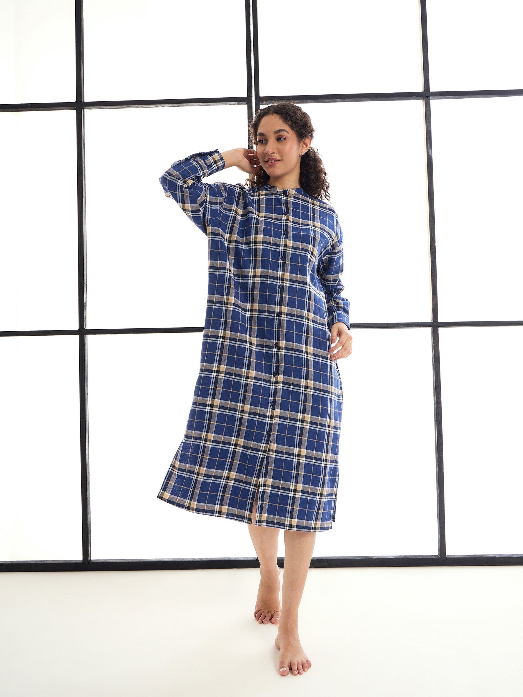 Blue & Beige Check Mandarin Collar Longline Shirt Dress-SASSAFRAS alt-laze