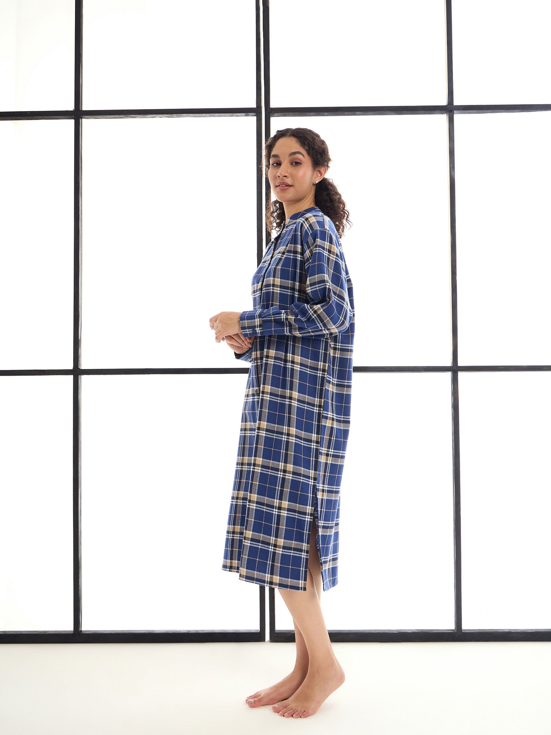 Blue & Beige Check Mandarin Collar Longline Shirt Dress-SASSAFRAS alt-laze