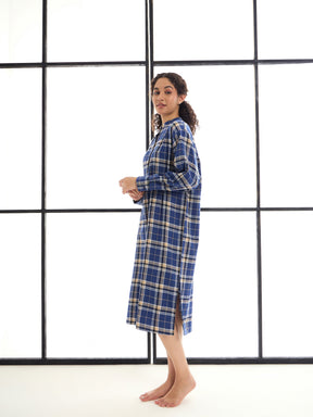 Blue & Beige Check Mandarin Collar Longline Shirt Dress-SASSAFRAS alt-laze