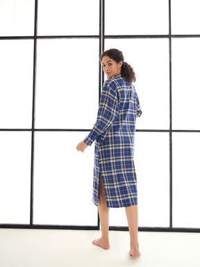 Blue & Beige Check Mandarin Collar Longline Shirt Dress-SASSAFRAS alt-laze