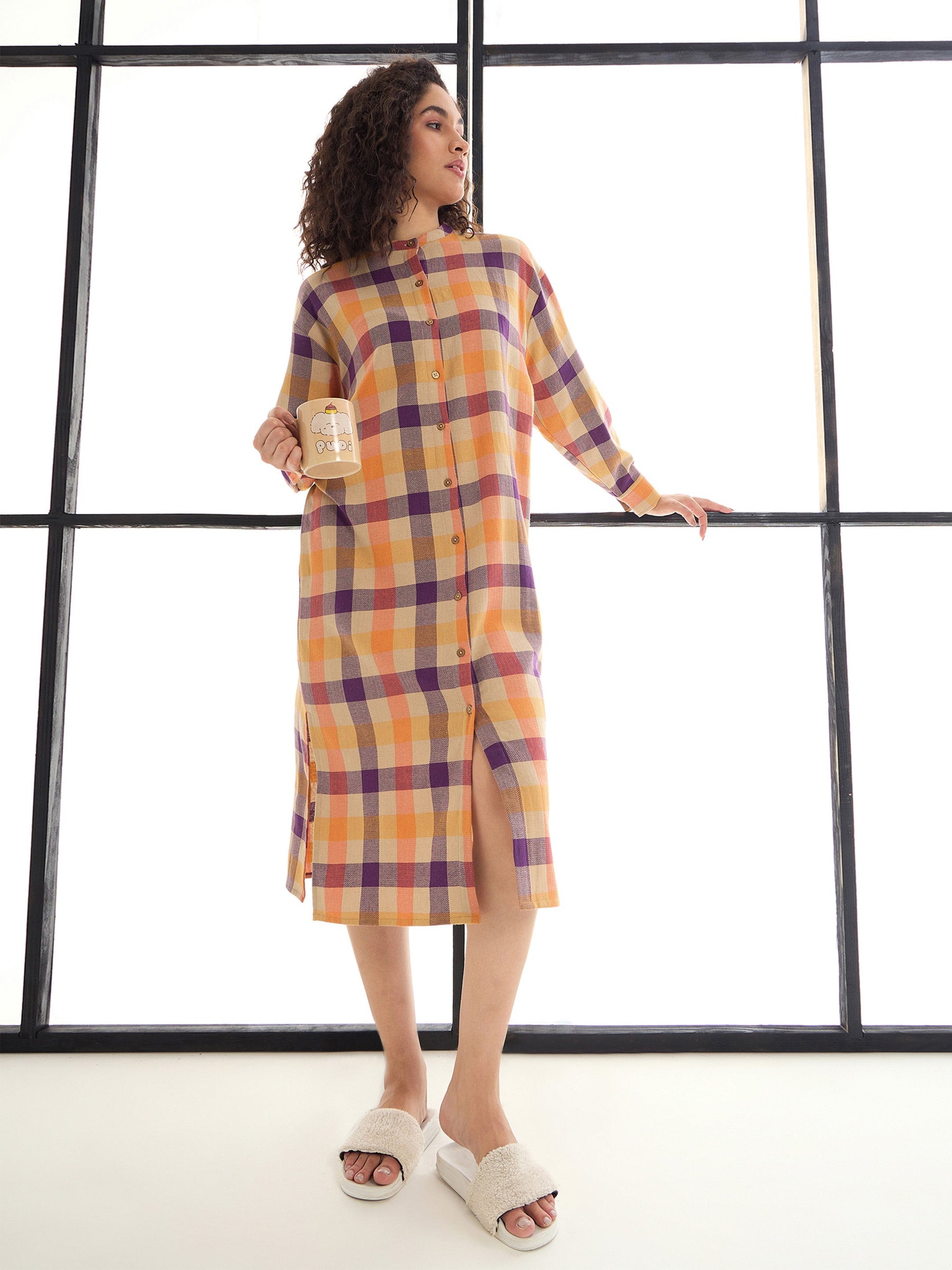 Beige & Orange Mandarin Collar Longline Shirt Dress-SASSAFRAS alt-laze