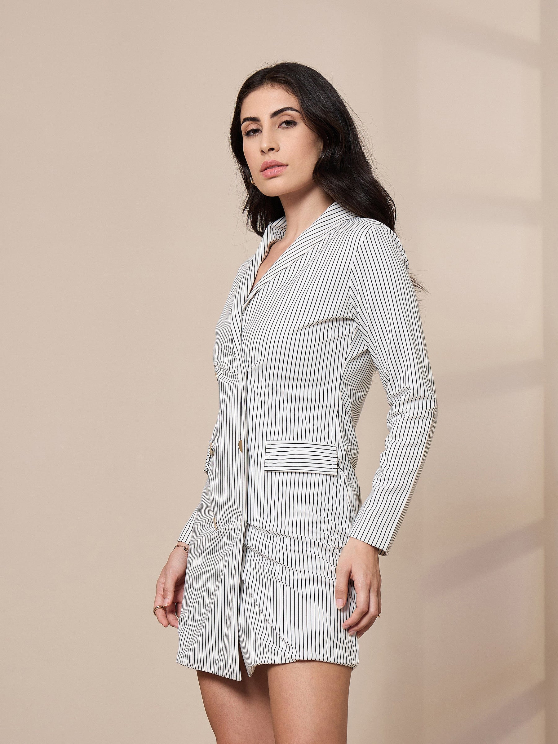 White Striped Double Breasted Blazer Dress-SASSAFRAS worklyf