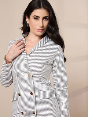 White Striped Double Breasted Blazer Dress-SASSAFRAS worklyf