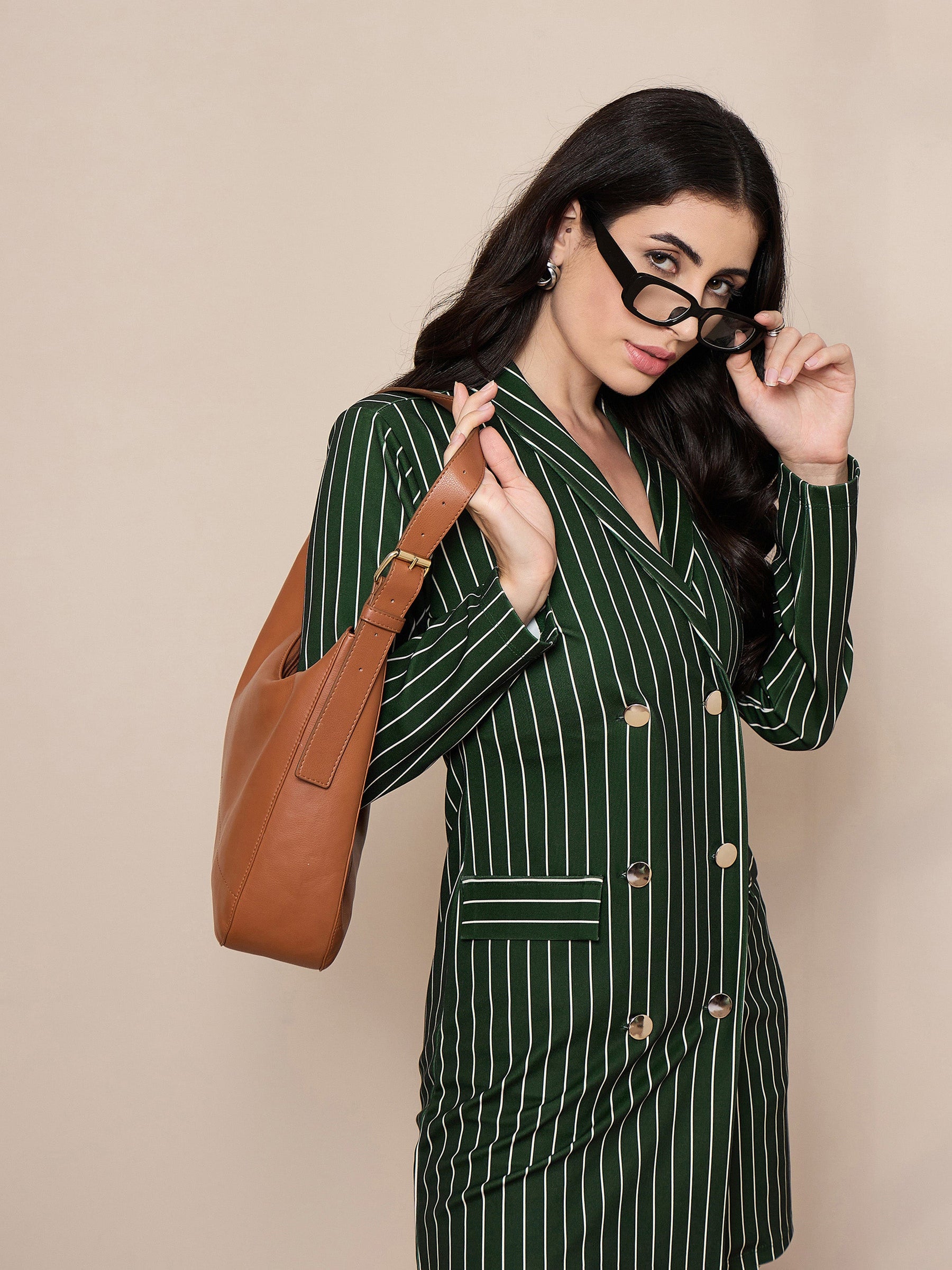 Women Green Striped Double Breasted Blazer Dress - Main Image