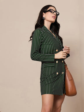 Green Striped Double Breasted Blazer Dress-SASSAFRAS worklyf