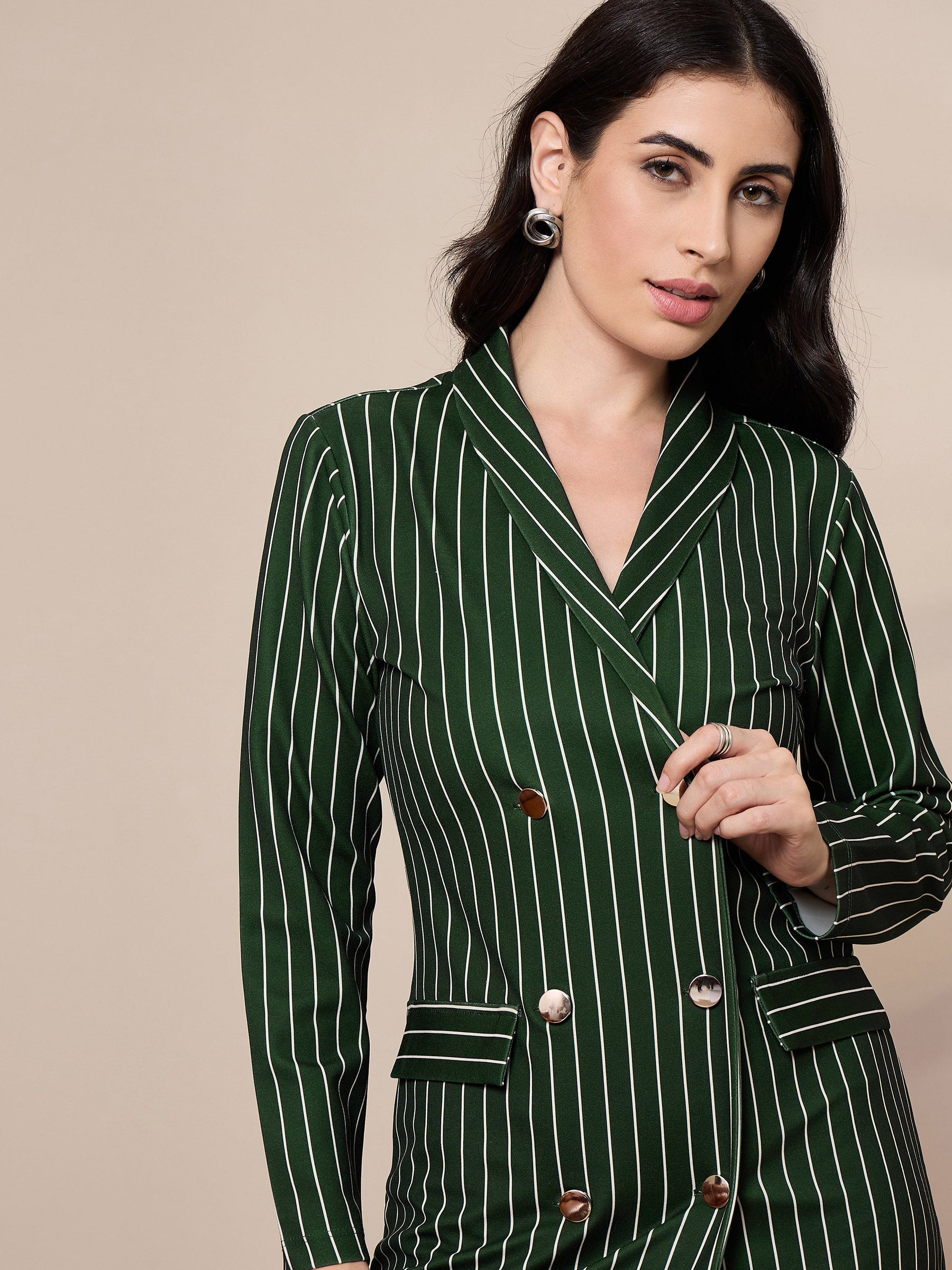 Green Striped Double Breasted Blazer Dress-SASSAFRAS worklyf