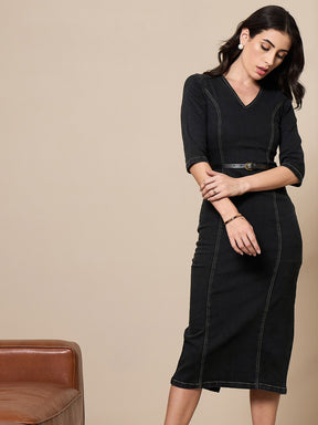 Black Denim V-Neck Below Knee Dress-SASSAFRAS worklyf