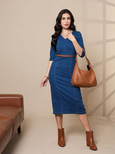 Blue Denim V-Neck Below Knee Dress-SASSAFRAS worklyf