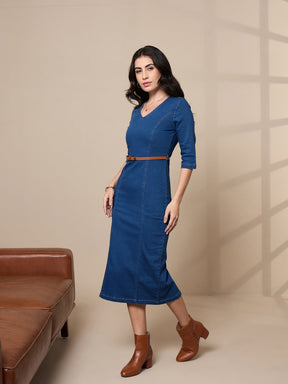 Blue Denim V-Neck Below Knee Dress-SASSAFRAS worklyf