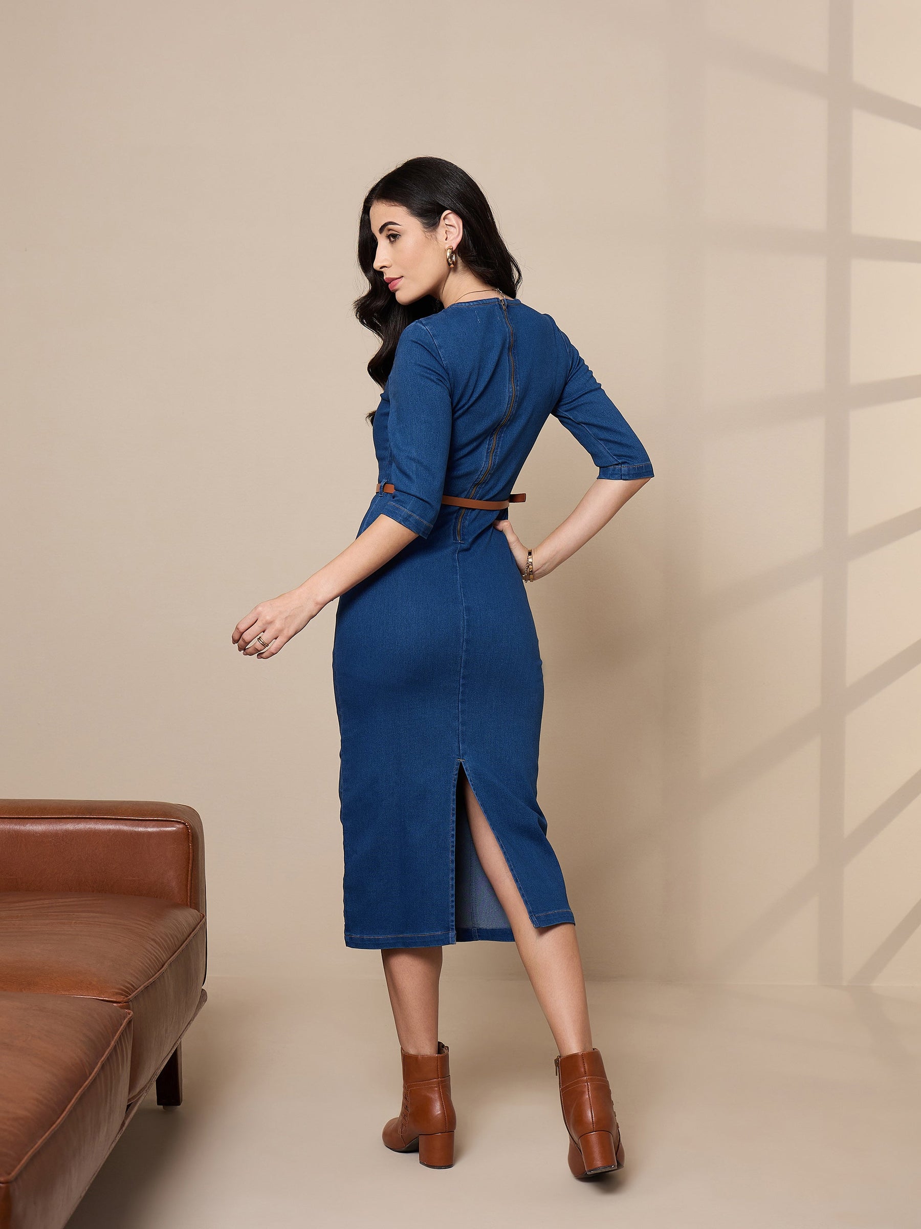 Women Blue Denim V-Neck Below Knee Dress
