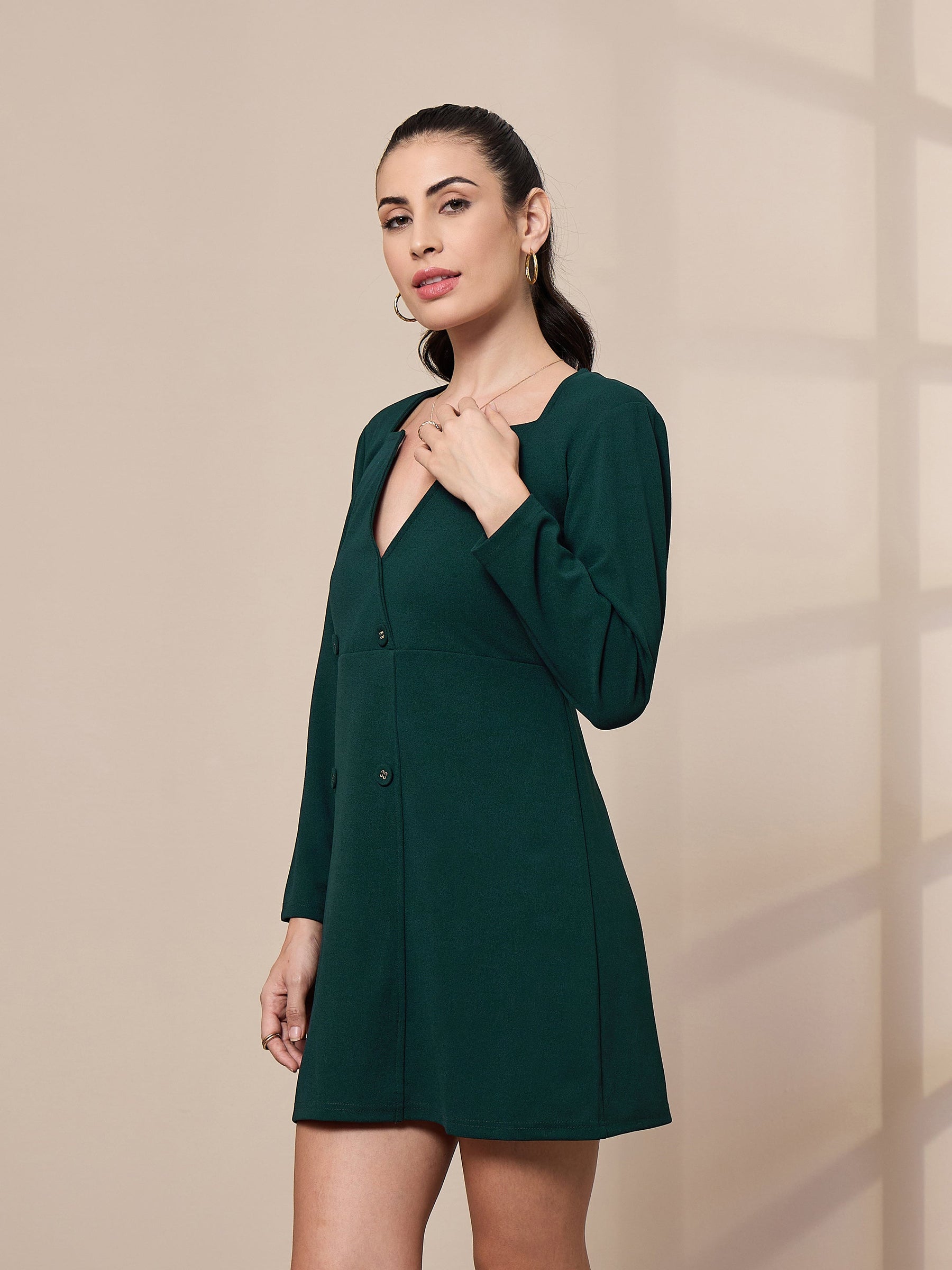 Green Full Sleeve Short Dress-SASSAFRAS worklyf