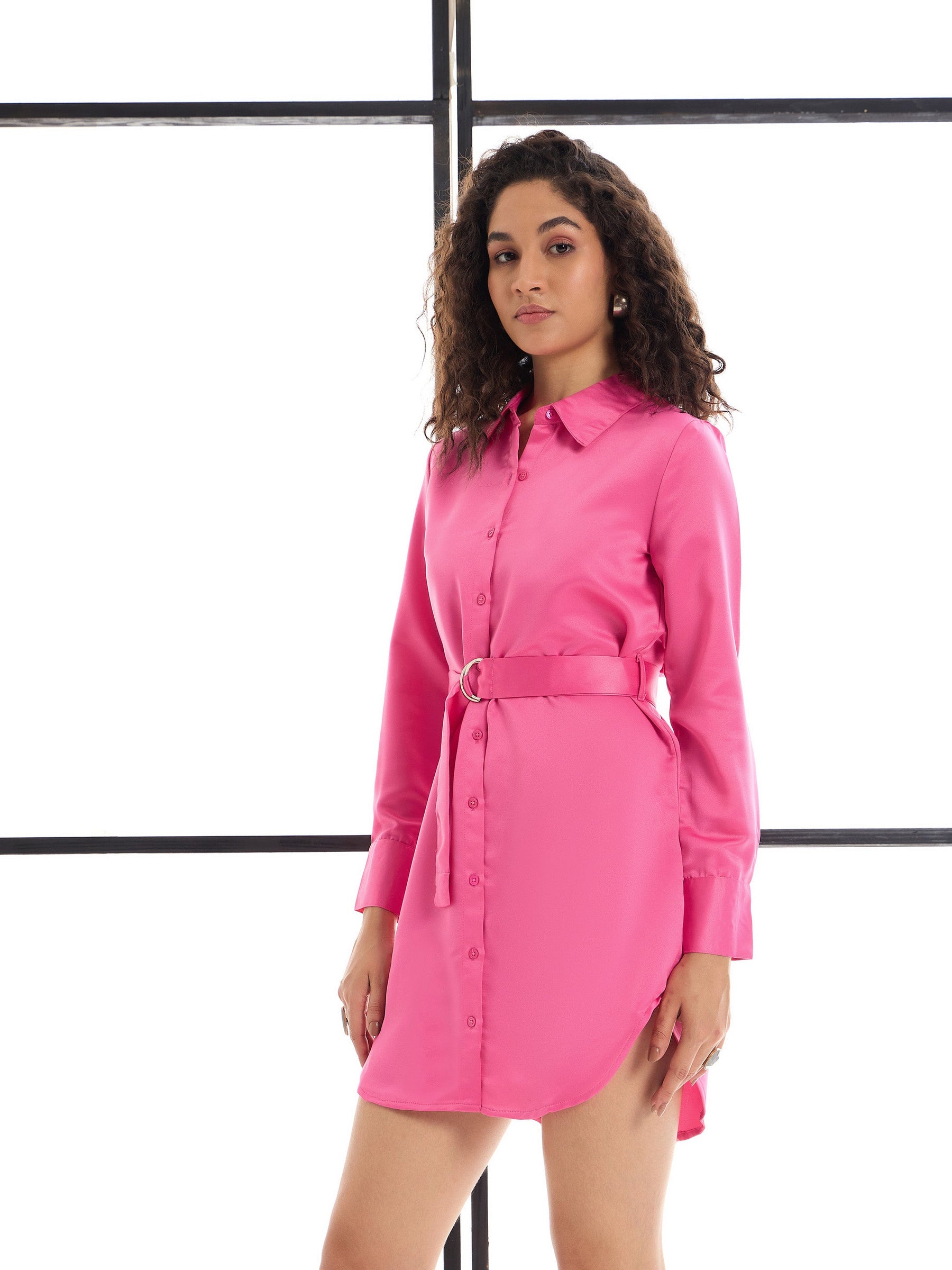 Pink Belted Satin Shirt Dress -SASSAFRAS alt-laze