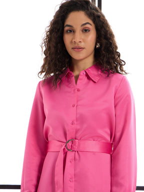 Pink Belted Satin Shirt Dress -SASSAFRAS alt-laze