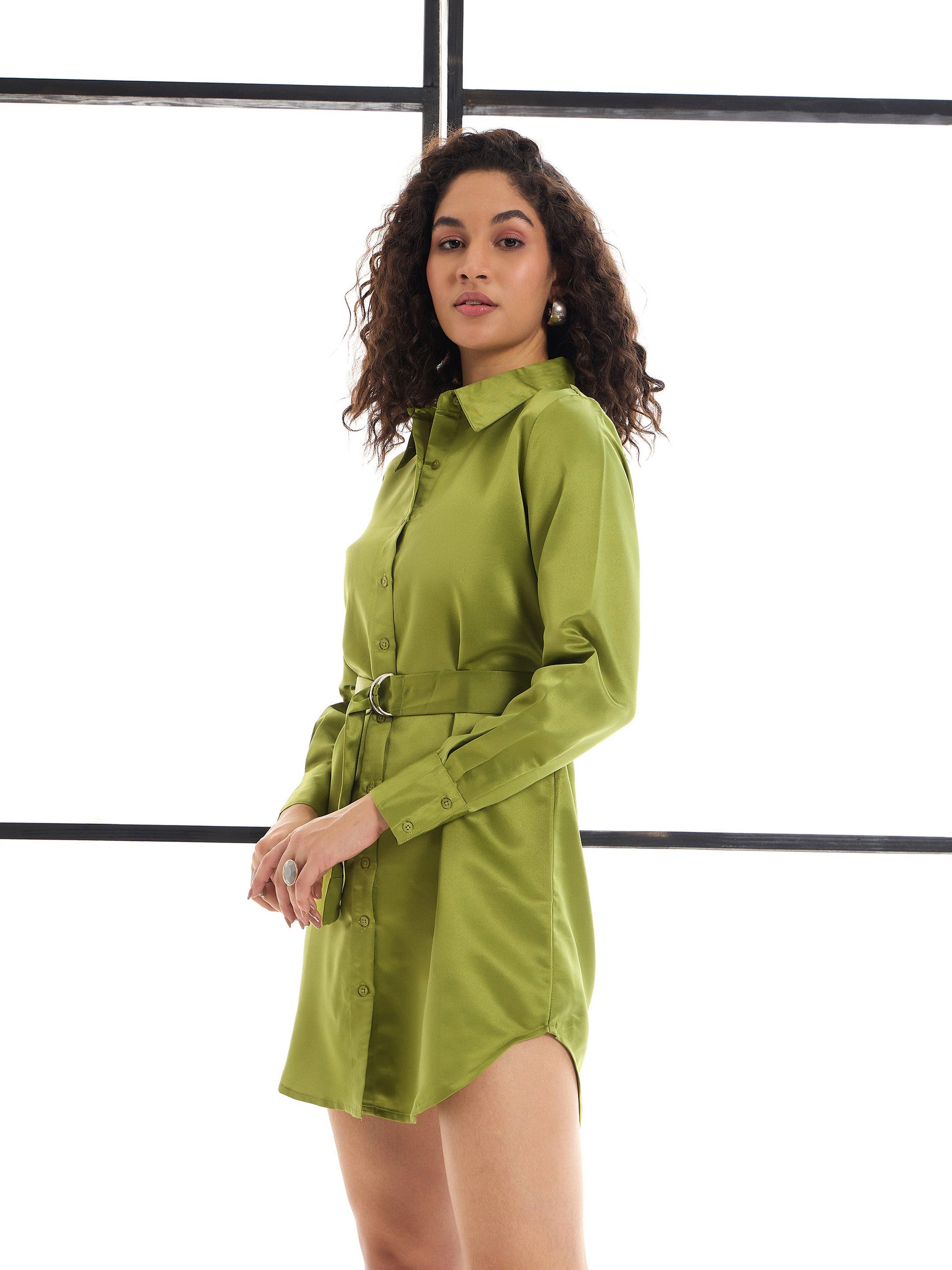 Olive Belted Satin Shirt Dress -SASSAFRAS alt-laze