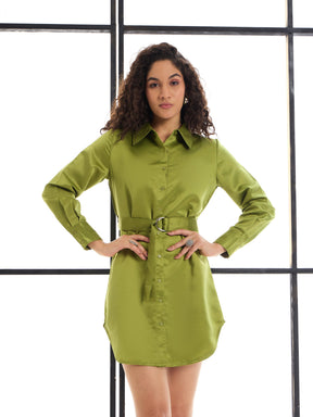 Olive Belted Satin Shirt Dress -SASSAFRAS alt-laze