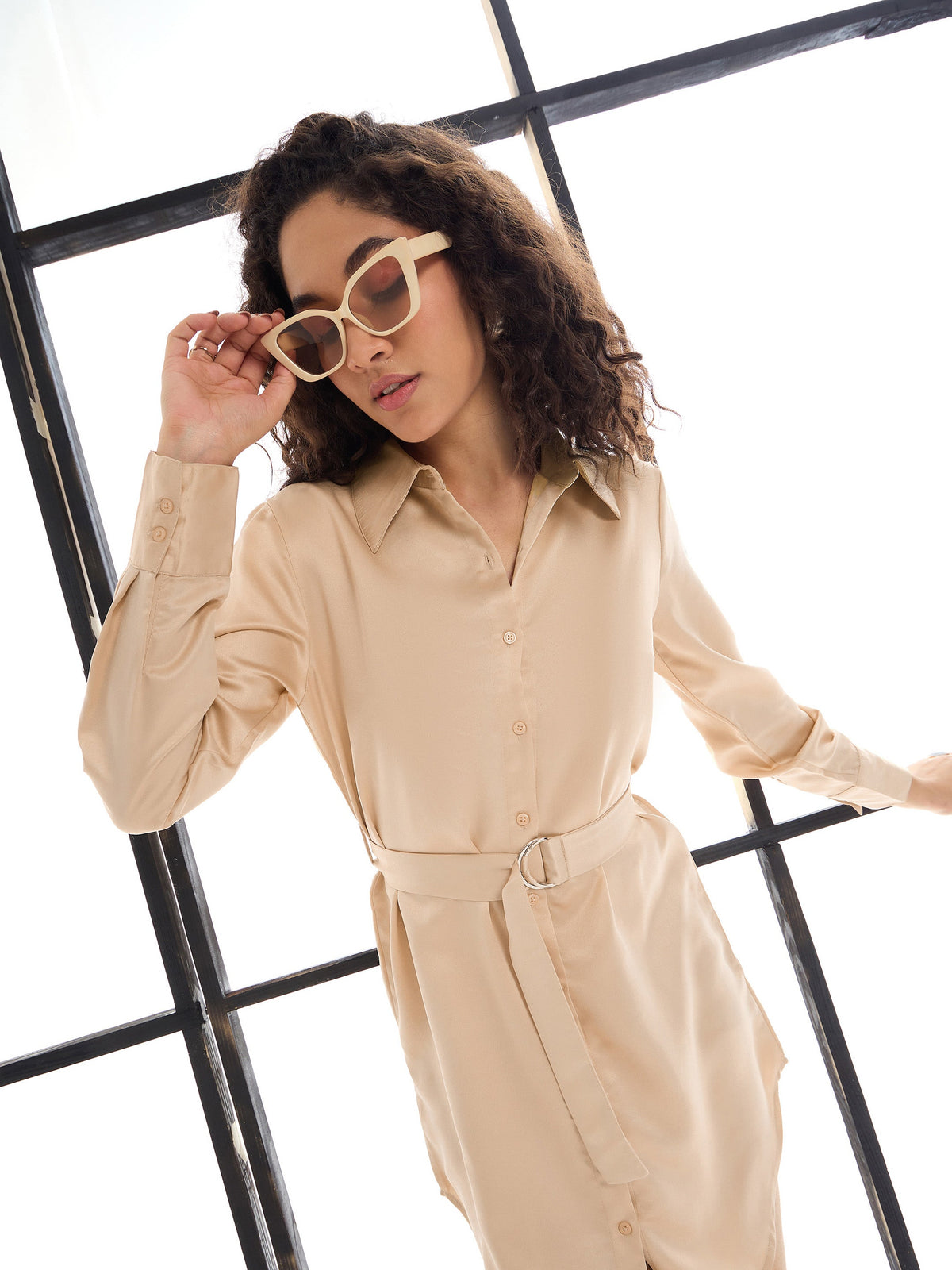 Beige Belted Satin Shirt Dress -SASSAFRAS alt-laze