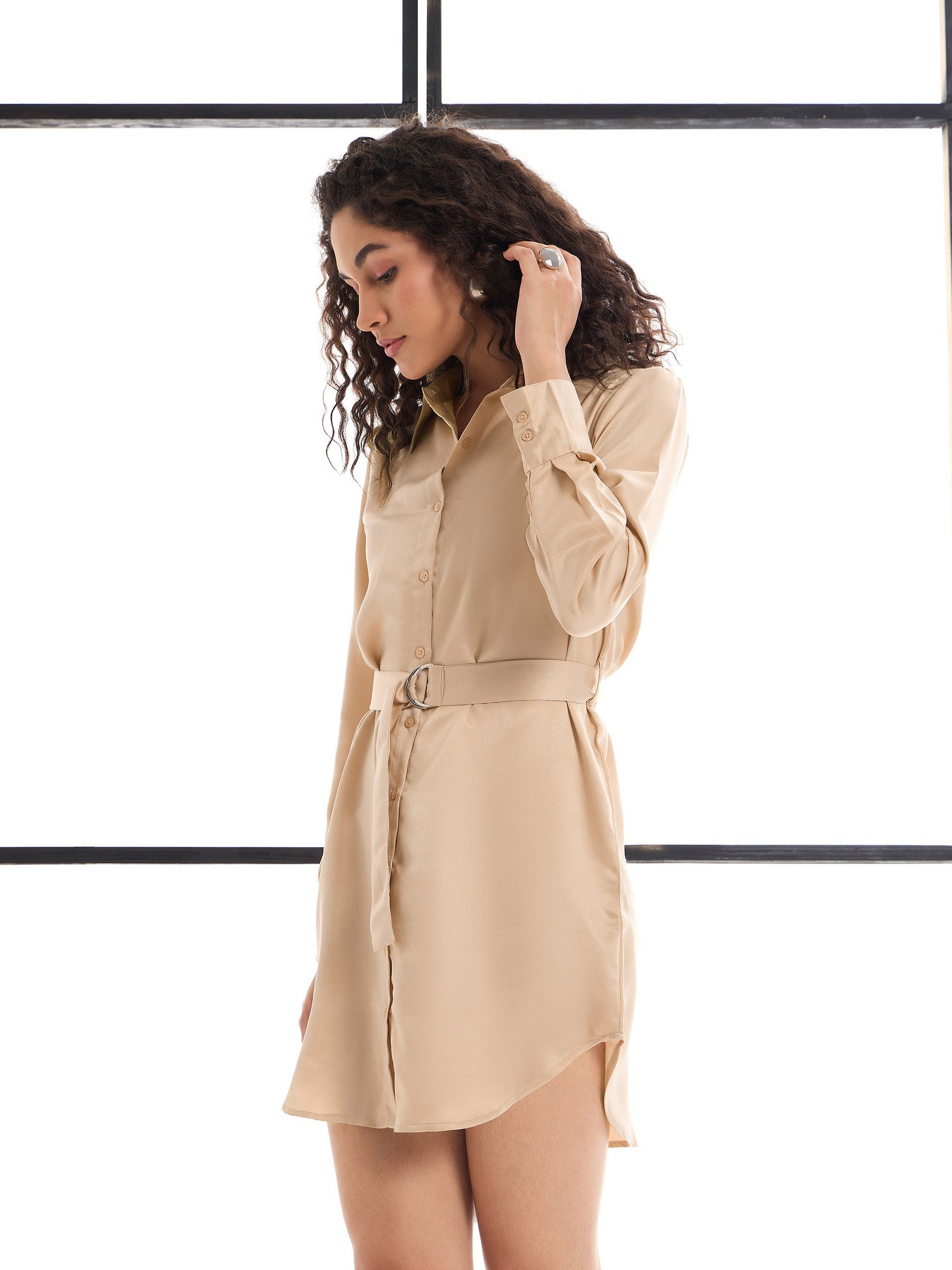 Beige Belted Satin Shirt Dress -SASSAFRAS alt-laze