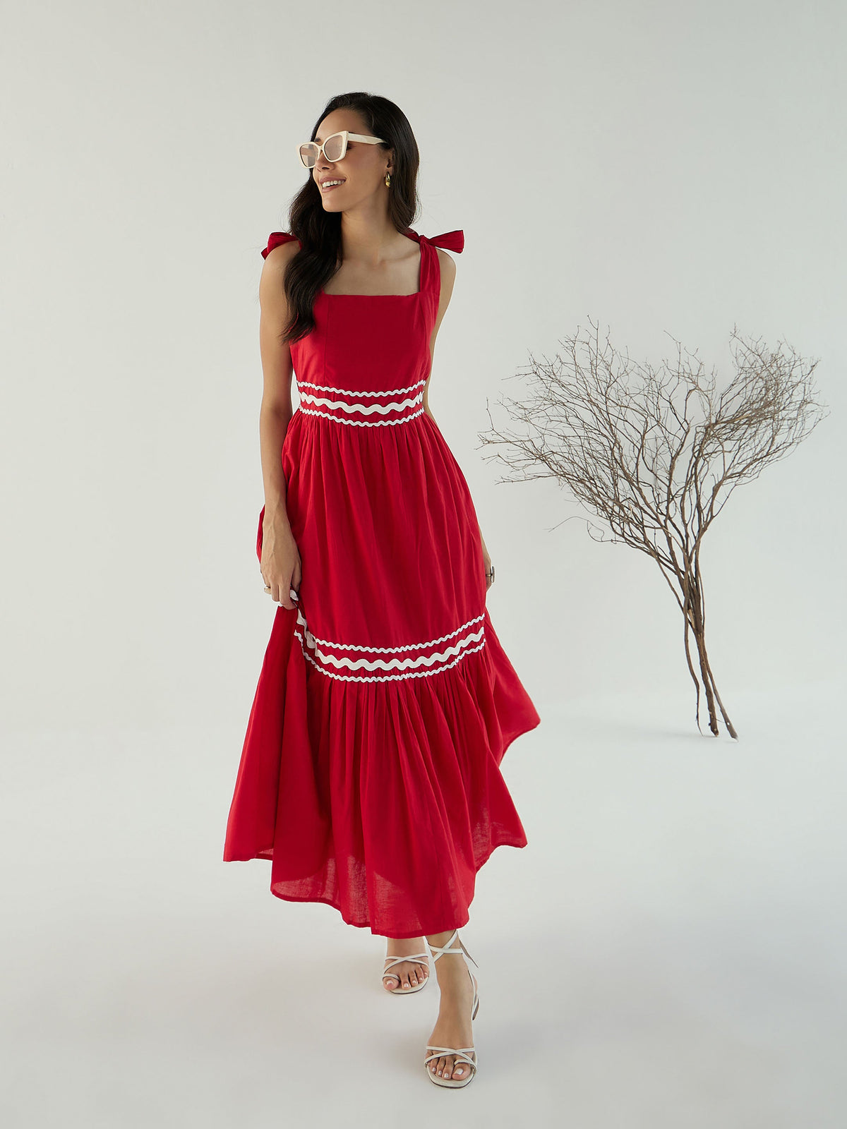 Red Ric Rac Lace Strappy Tiered Midi Dress-Pink Paprika By SASSAFRAS