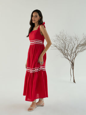 Red Ric Rac Lace Strappy Tiered Midi Dress-Pink Paprika By SASSAFRAS