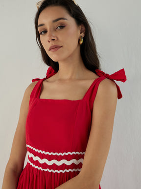 Red Ric Rac Lace Strappy Tiered Midi Dress-Pink Paprika By SASSAFRAS