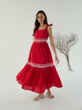 Red Ric Rac Lace Strappy Tiered Midi Dress-Pink Paprika By SASSAFRAS