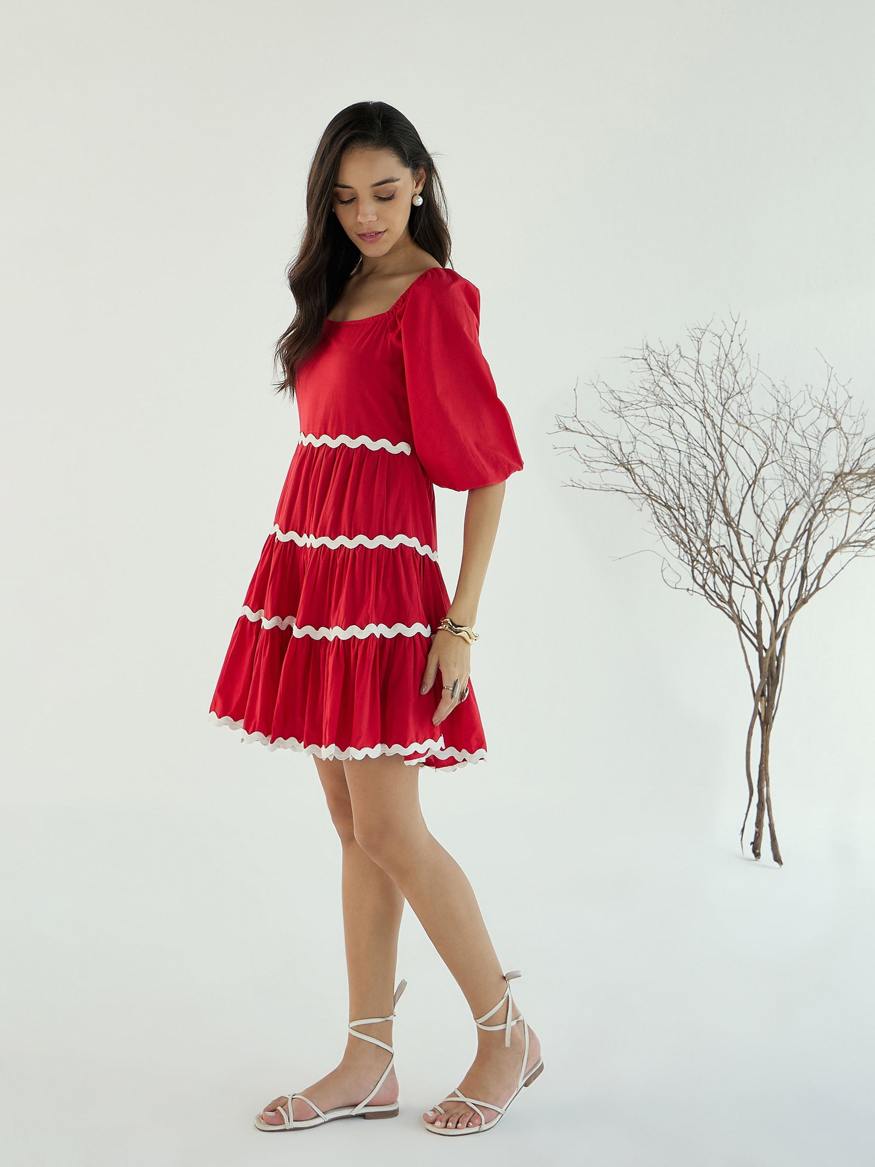 Red Ric Rac Lace Flared Short Dress-Pink Paprika By SASSAFRAS