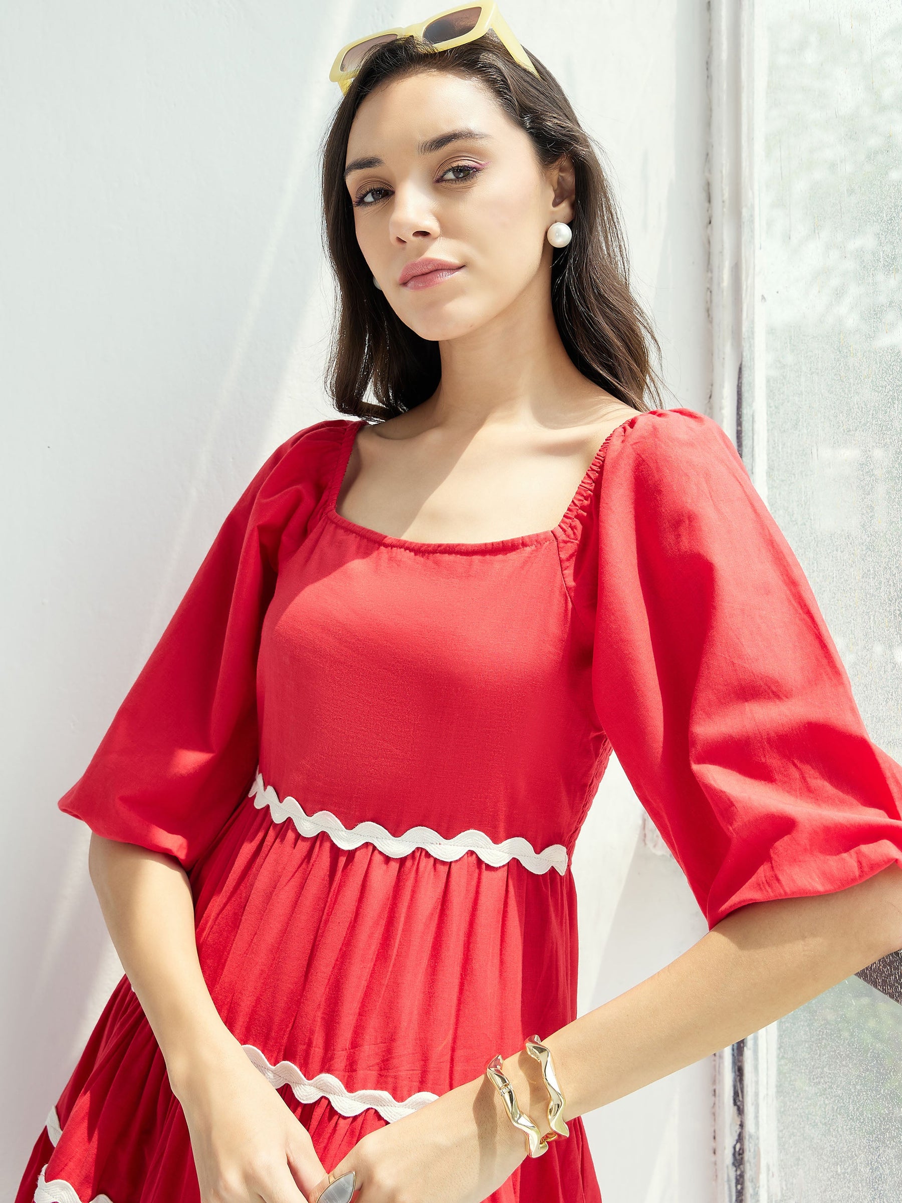 Red Ric Rac Lace Flared Short Dress-Pink Paprika By SASSAFRAS