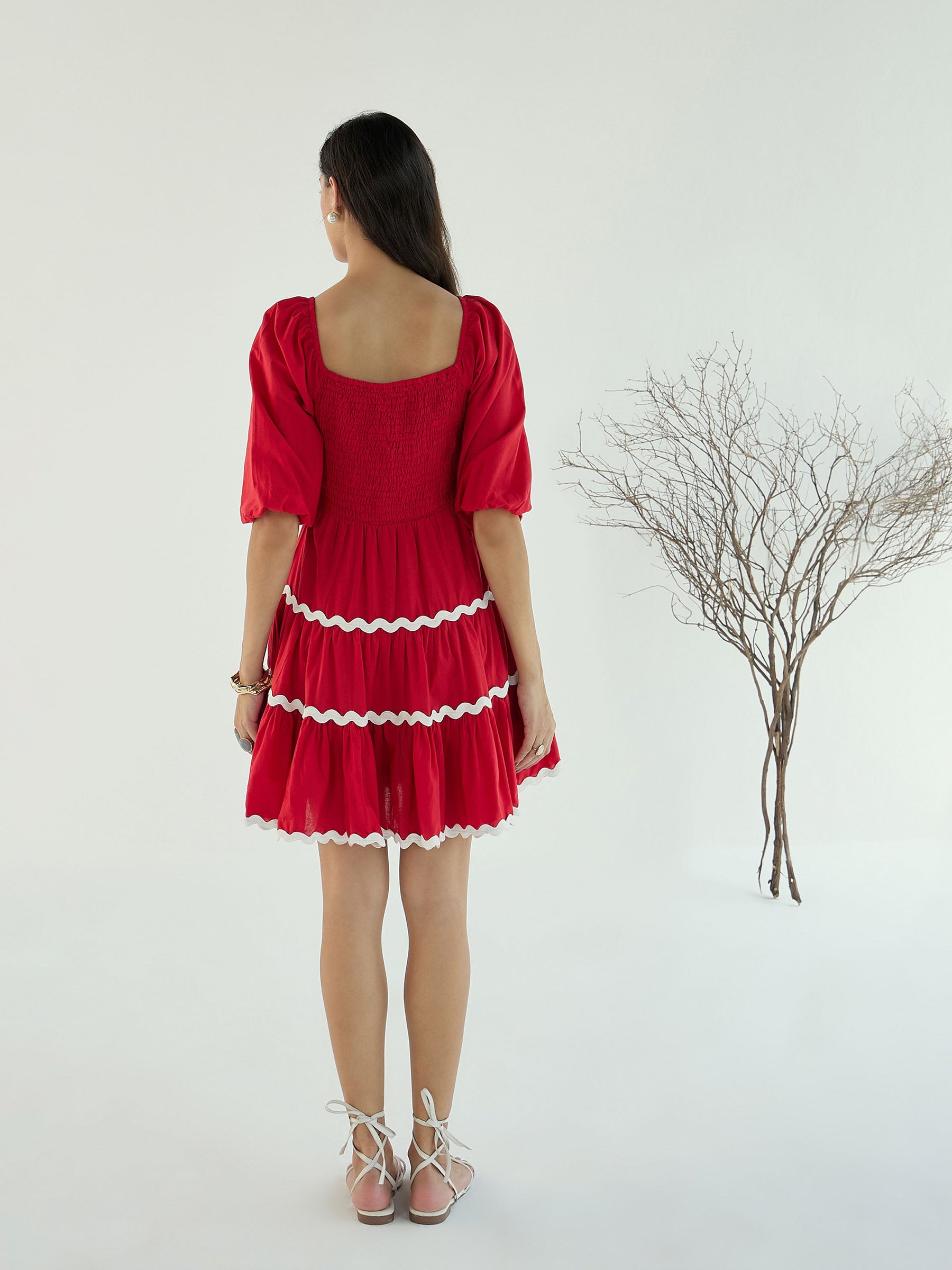 Red Ric Rac Lace Flared Short Dress-Pink Paprika By SASSAFRAS