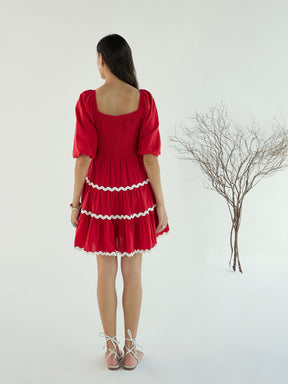 Red Ric Rac Lace Flared Short Dress-Pink Paprika By SASSAFRAS