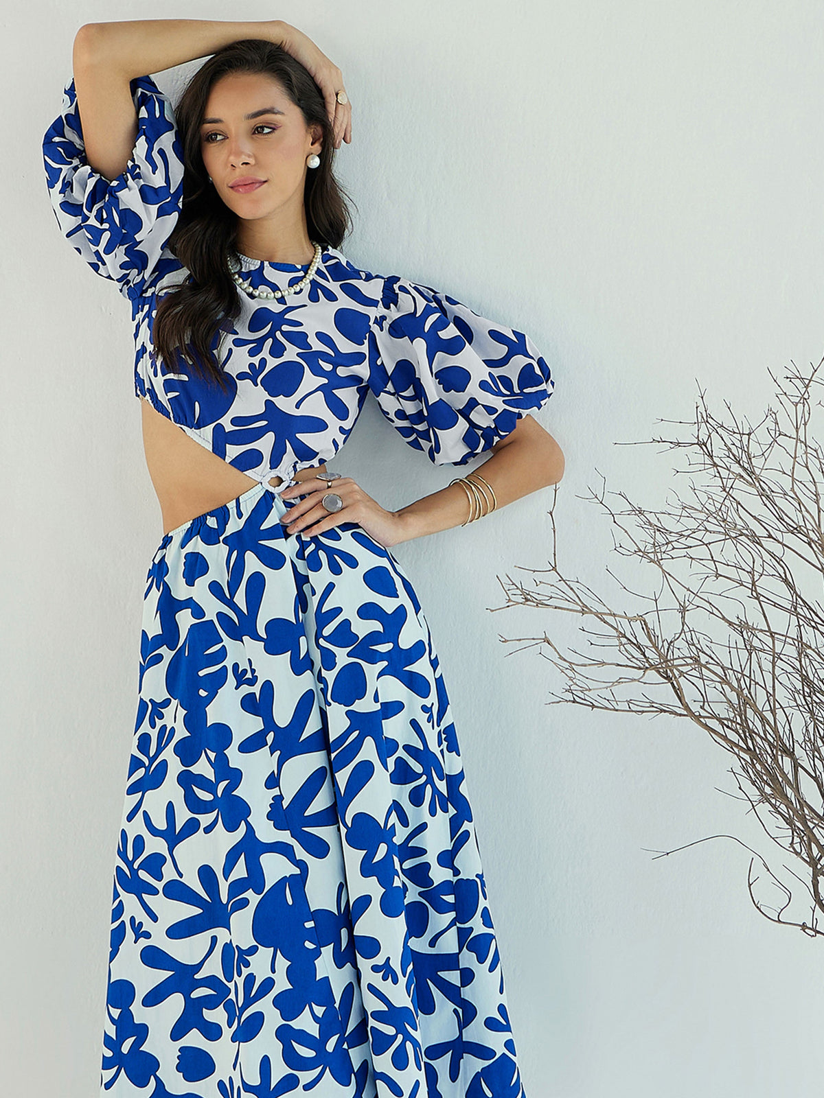 Blue & White Floral Side Cut Out Midi Dress-Pink Paprika By SASSAFRAS