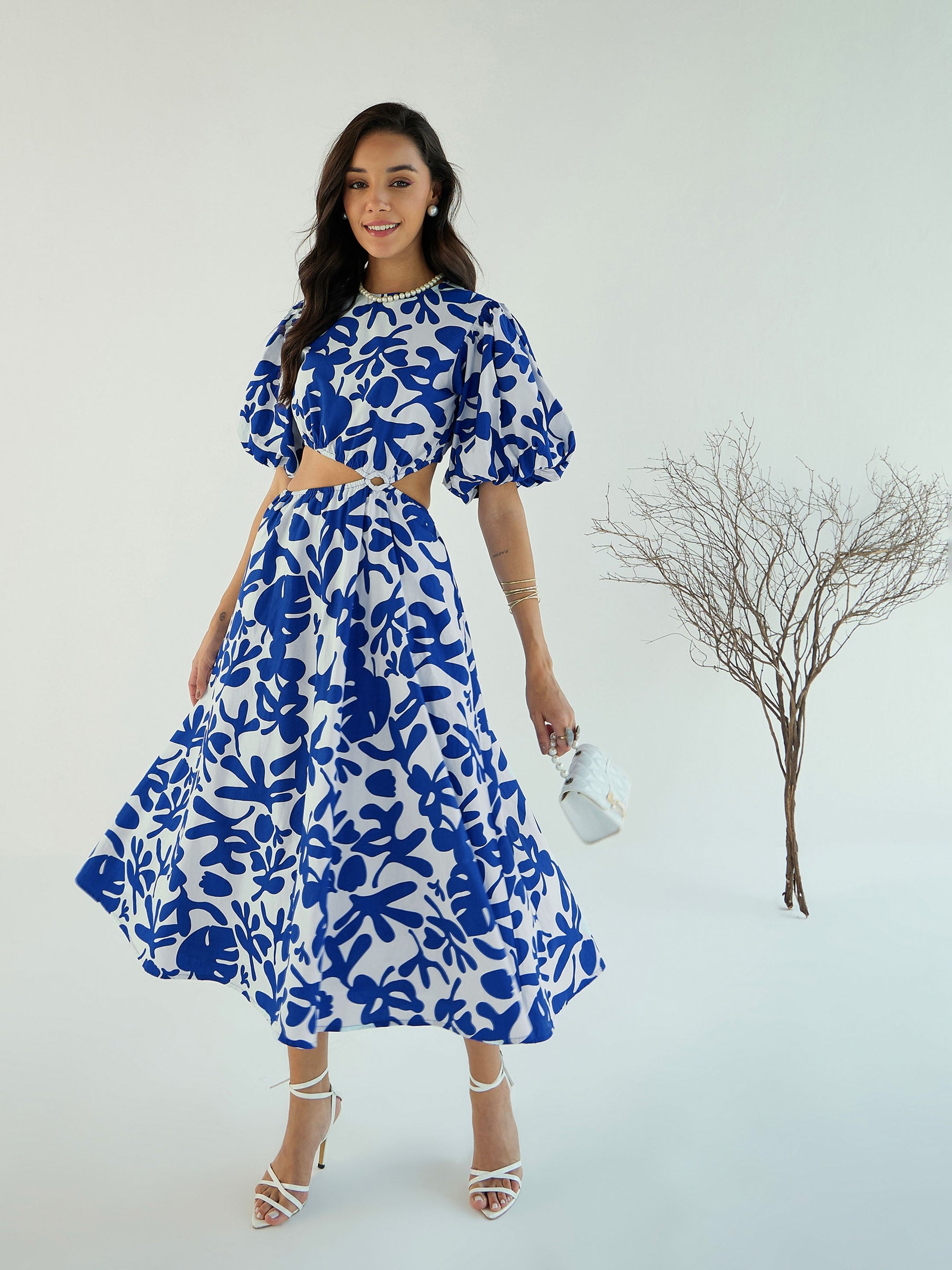 Women Blue White Floral Side Cut Out Midi Dress