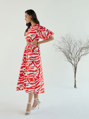 Red & White Printed Side Cut Out Midi Dress-Pink Paprika By SASSAFRAS