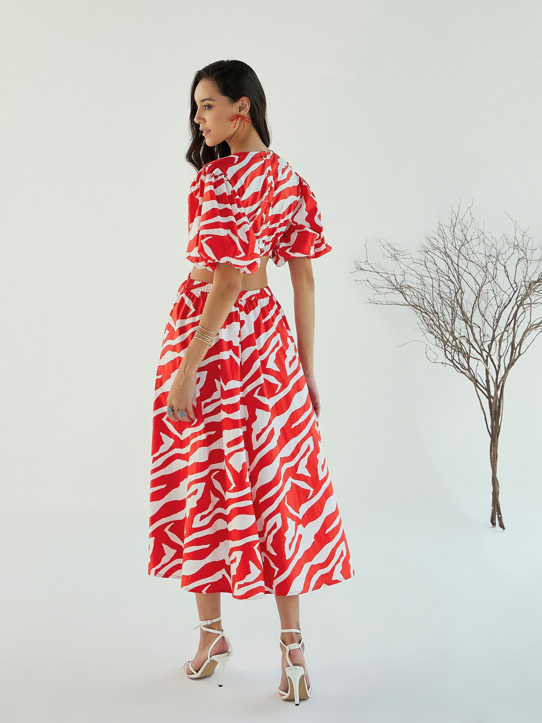 Red & White Printed Side Cut Out Midi Dress-Pink Paprika By SASSAFRAS