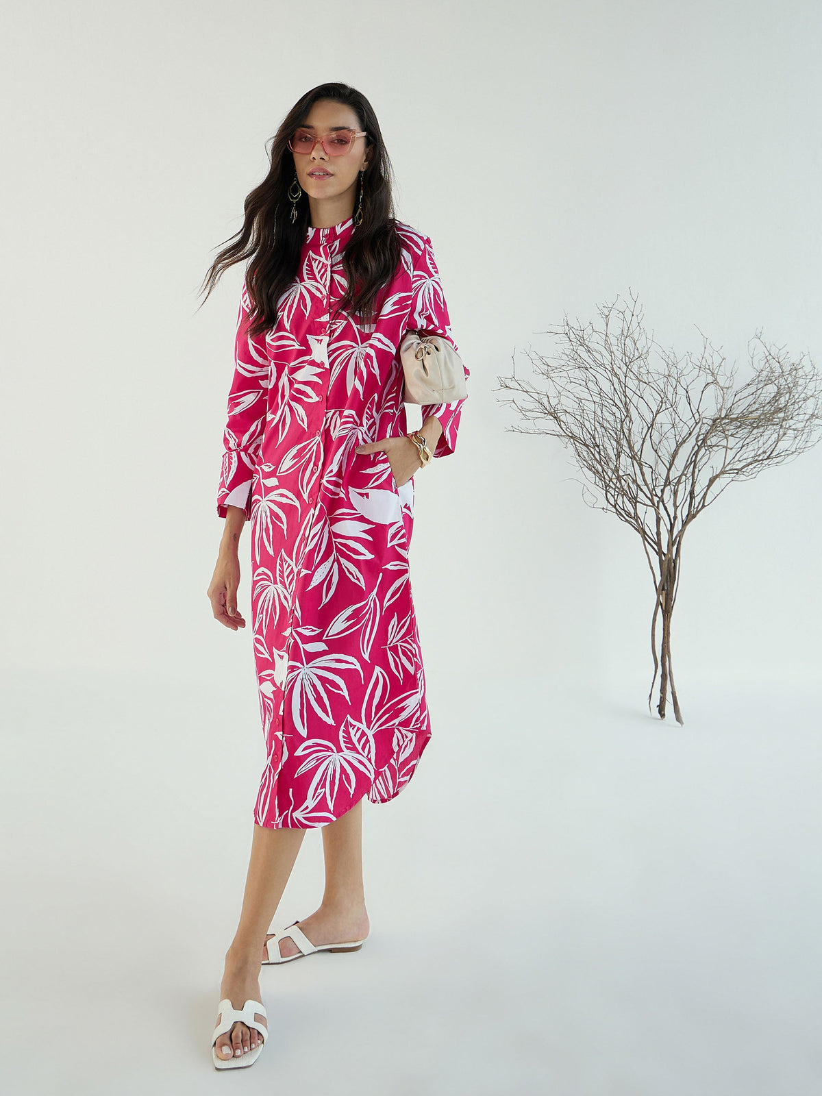 Fuchsia & White Floral Shirt Dress-Pink Paprika By SASSAFRAS