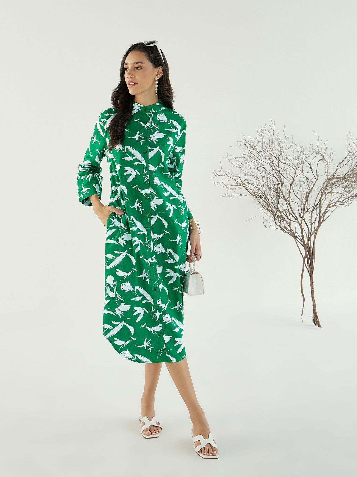 Green & White Floral Shirt Dress-Pink Paprika By SASSAFRAS