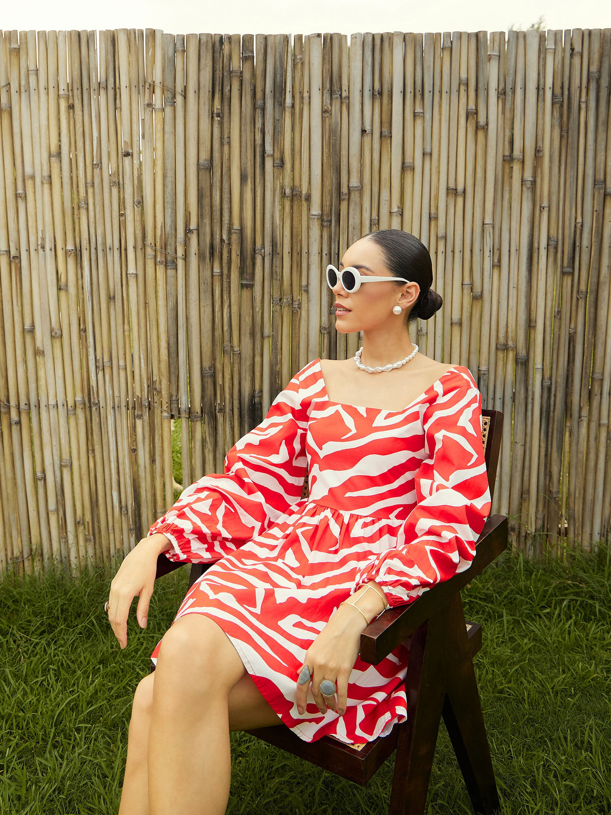 Red & White Printed Back Tie Knot Dress-Pink Paprika By SASSAFRAS