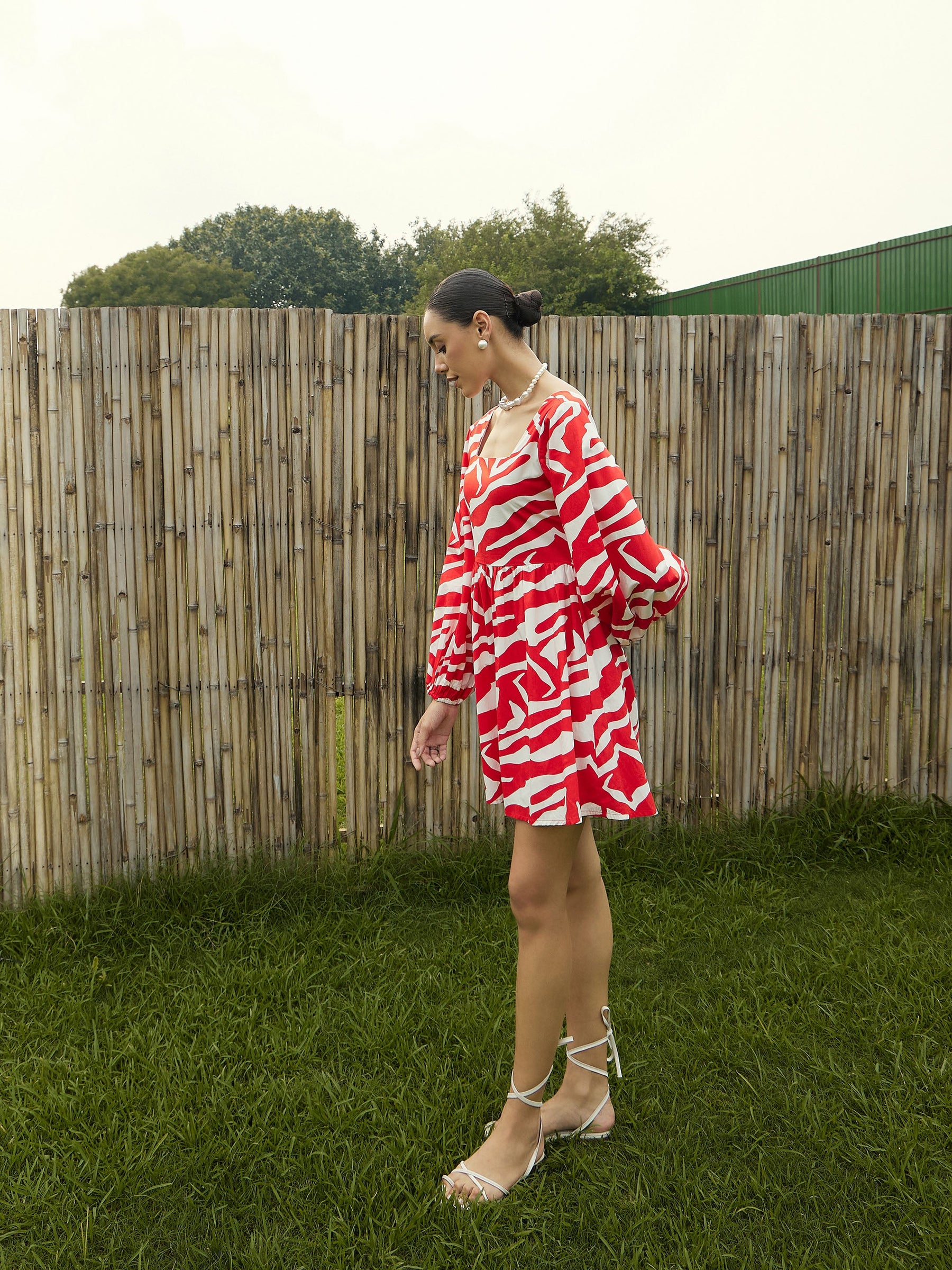 Red & White Printed Back Tie Knot Dress-Pink Paprika By SASSAFRAS