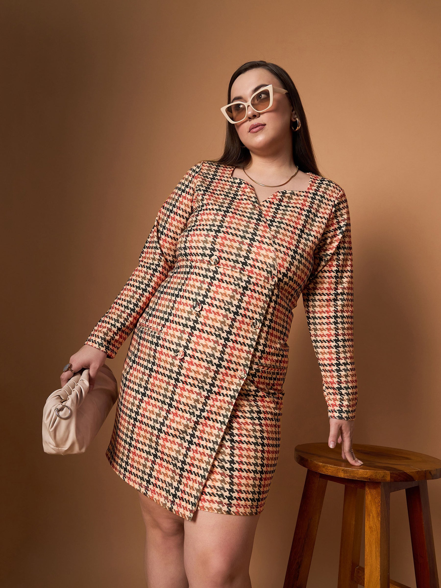 Peach Multi Houndstooth Blazer Dress-SASSAFRAS Curve