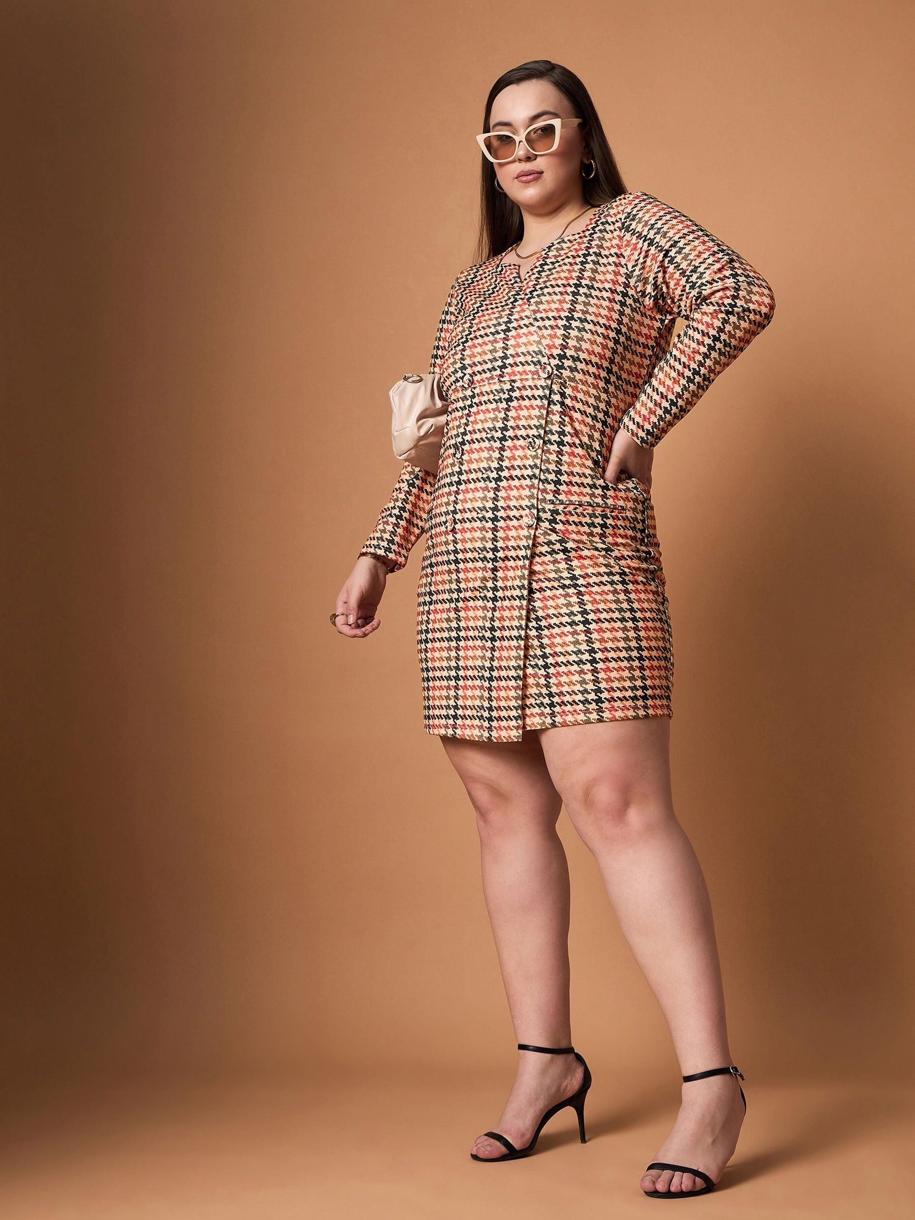 Peach Multi Houndstooth Blazer Dress-SASSAFRAS Curve