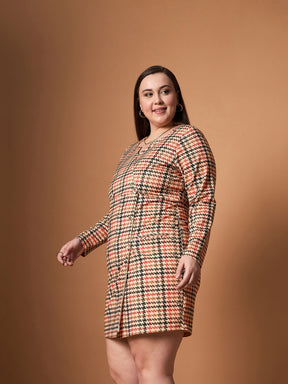 Peach Multi Houndstooth Blazer Dress-SASSAFRAS Curve