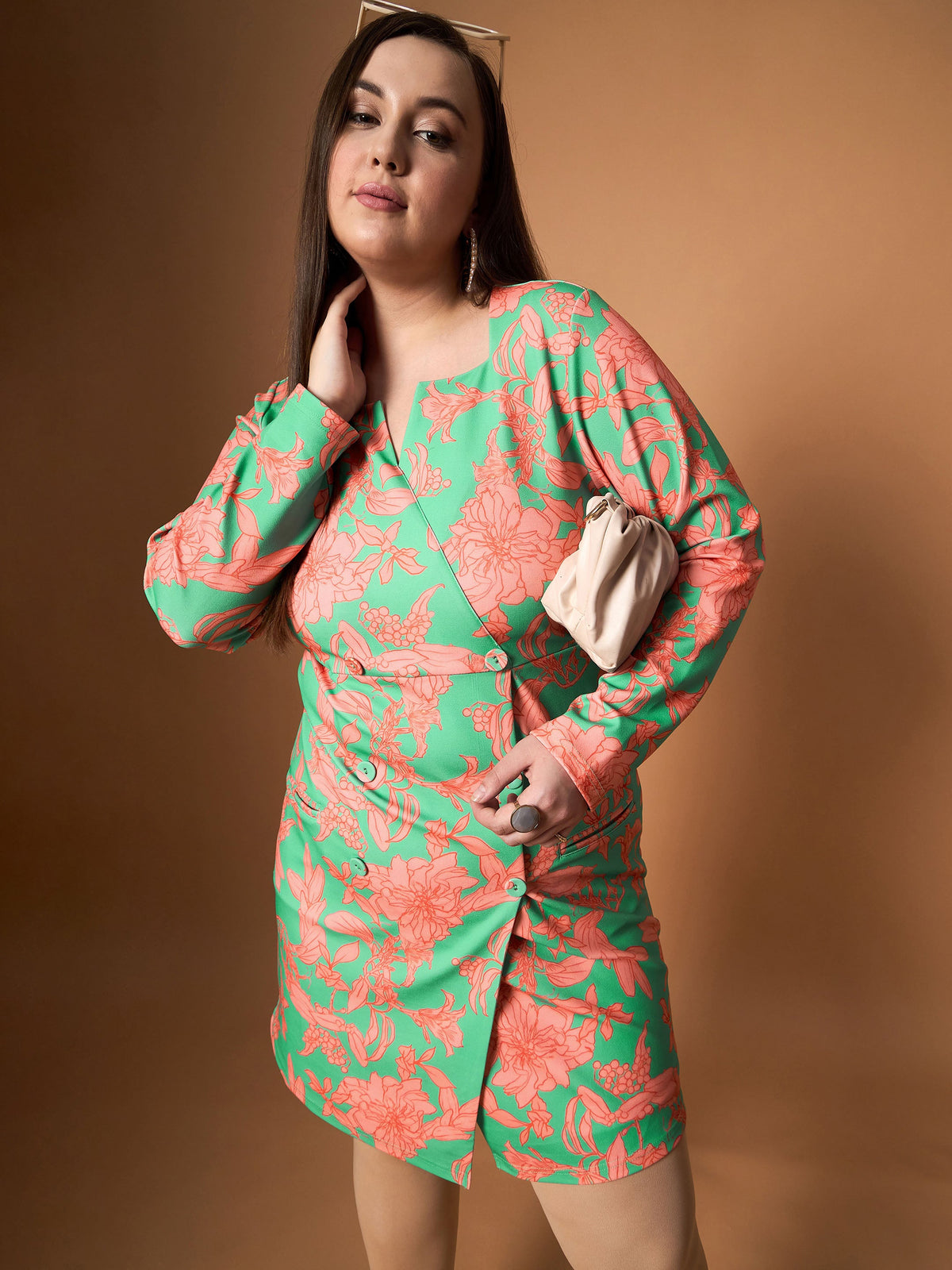 Green Floral Square Neck Blazer Dress-SASSAFRAS Curve