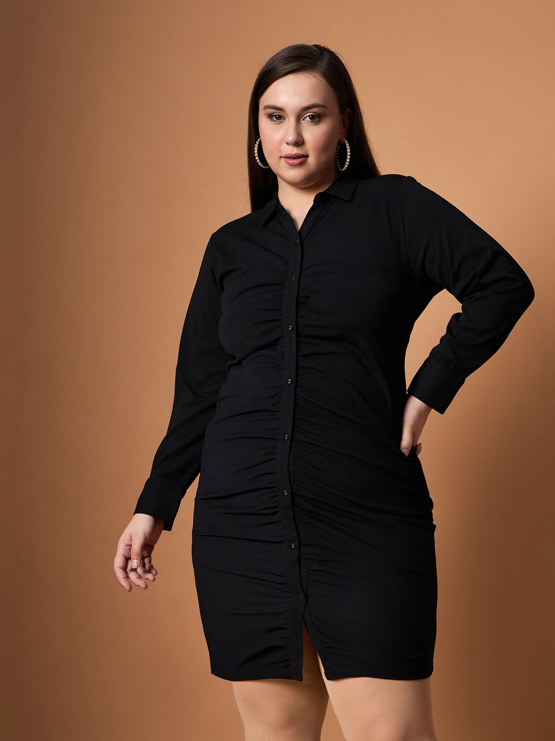 Black Front Button Ruched Dress-SASSAFRAS Curve