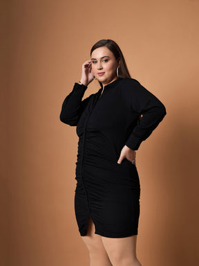 Black Front Button Ruched Dress-SASSAFRAS Curve