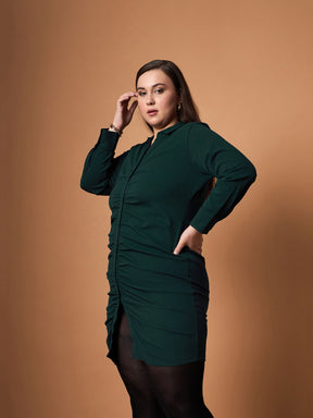 Emerald Green Front Button Ruched Dress -SASSAFRAS Curve